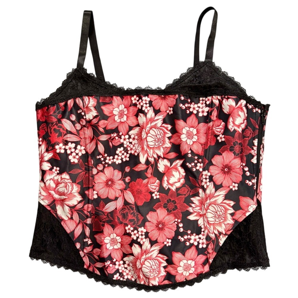 Adore Me Corset Black Lace Red Floral Size 1X Intimate Top Laces